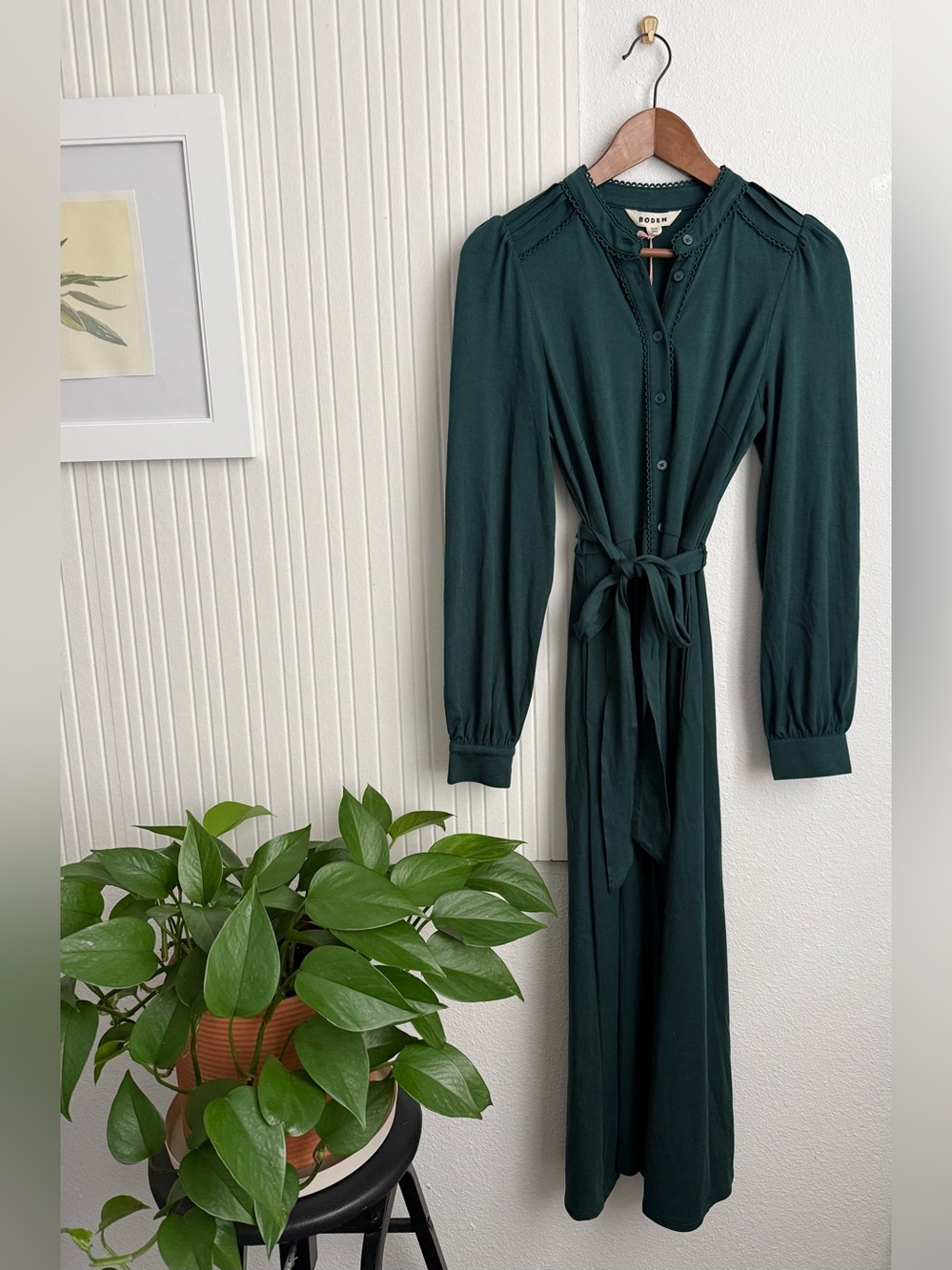 Boden Rowena Trim Jersey Long Sleeve Dark Green Button Down Dress